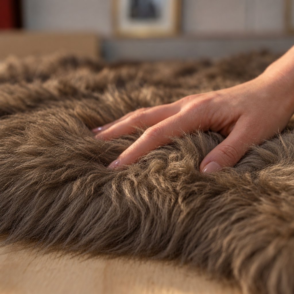 Schapenvacht vloerkleed bruin – 2 vachten, close-up van de wol