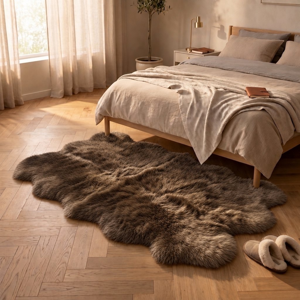 Schapenvacht vloerkleed bruin – 4 vachten, in het interieur