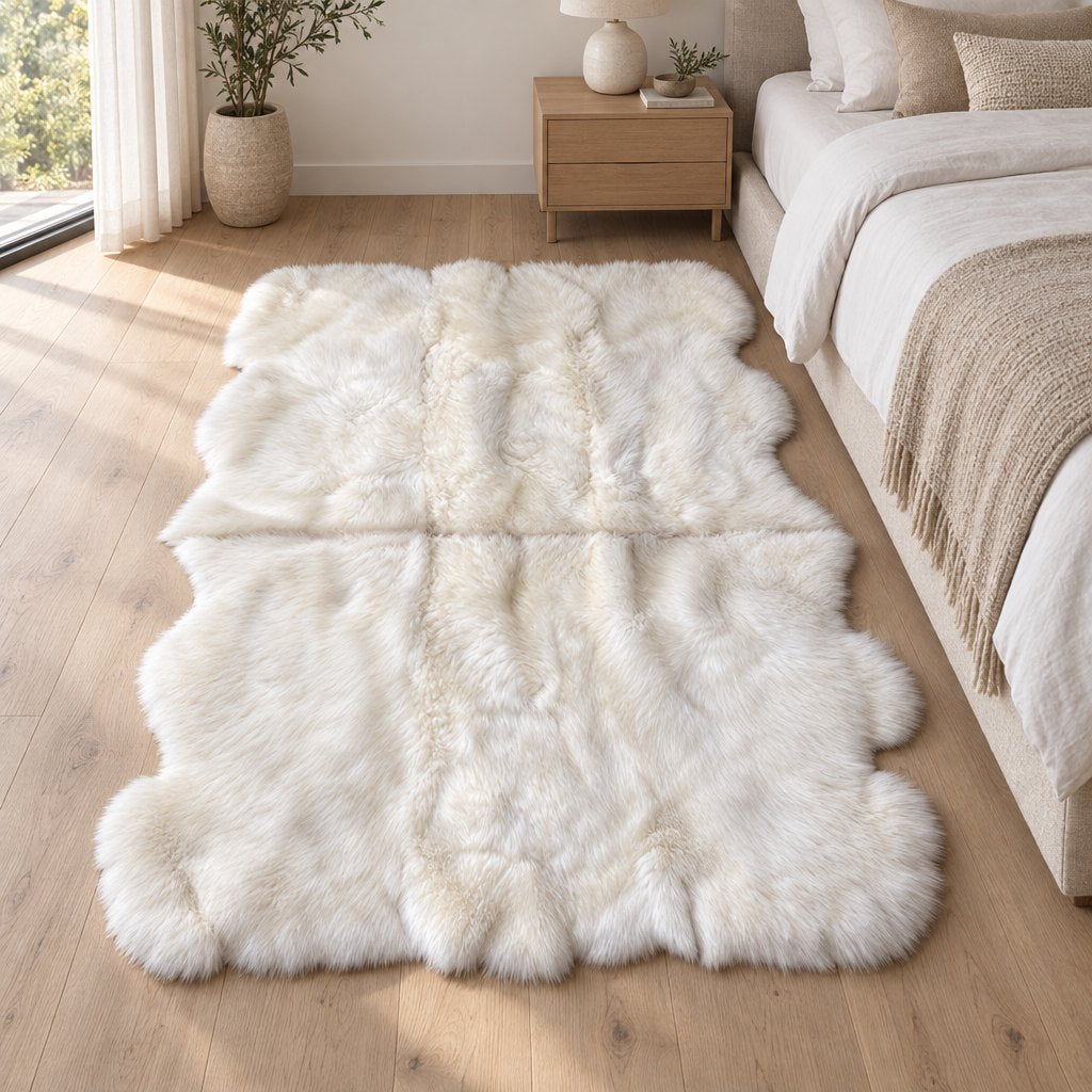 Schapenvacht vloerkleed wit – 6 vachten, in het interieur