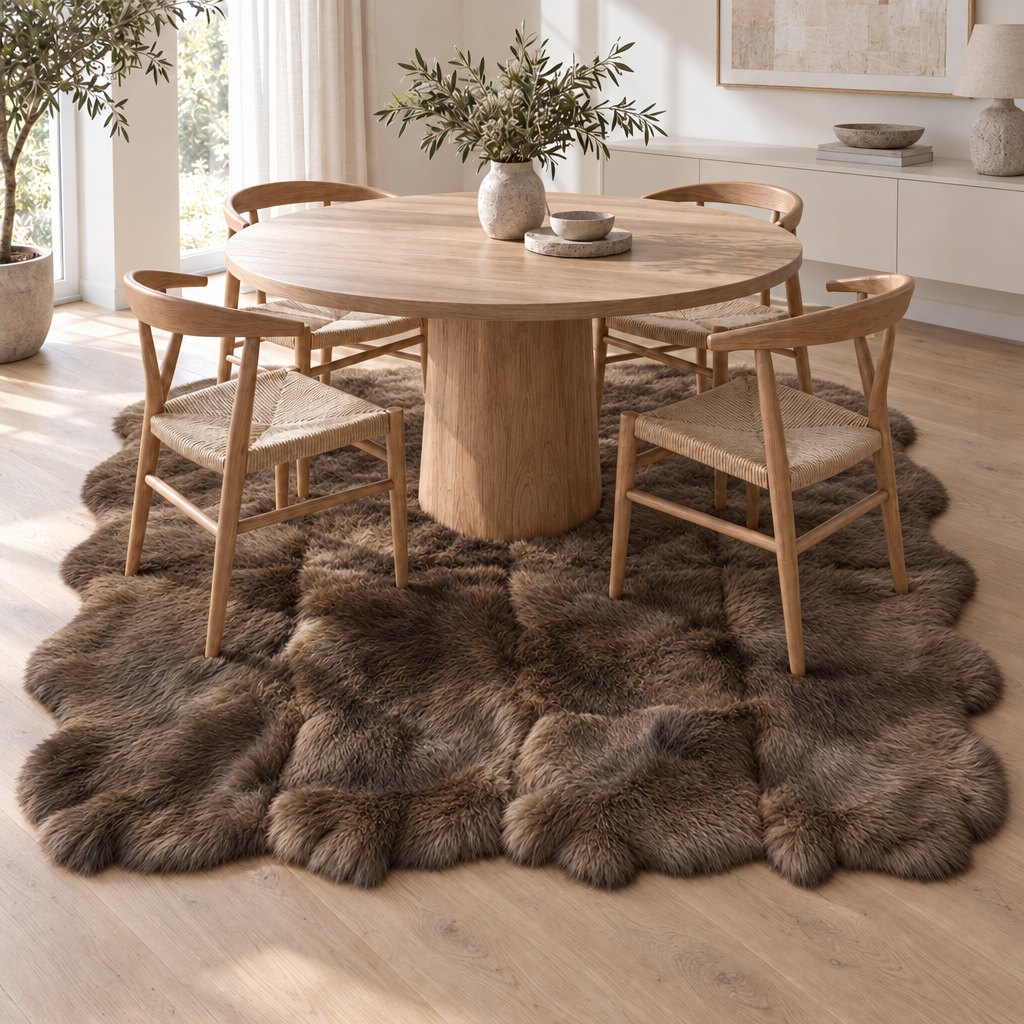 Schapenvacht vloerkleed bruin – 8 vachten, in het interieur