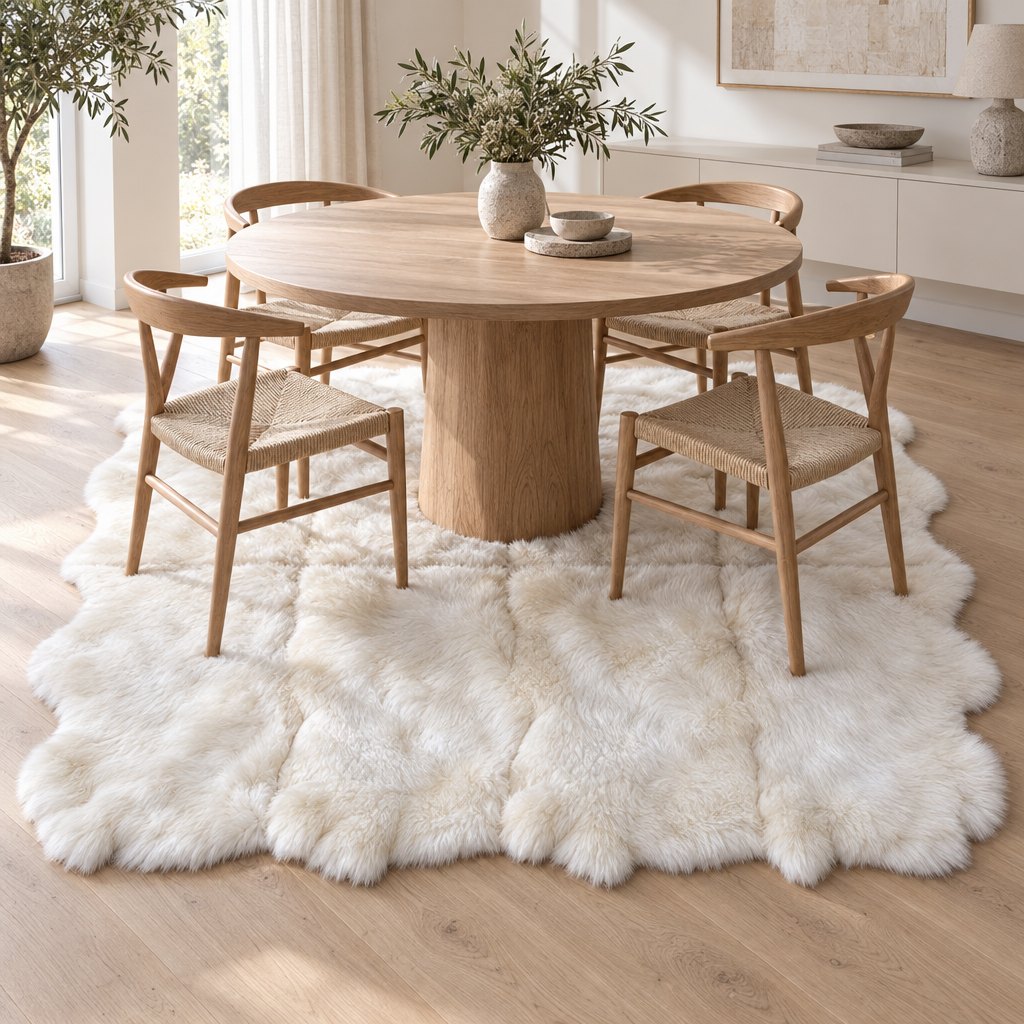 Schapenvacht vloerkleed wit – 8 vachten, in het interieur