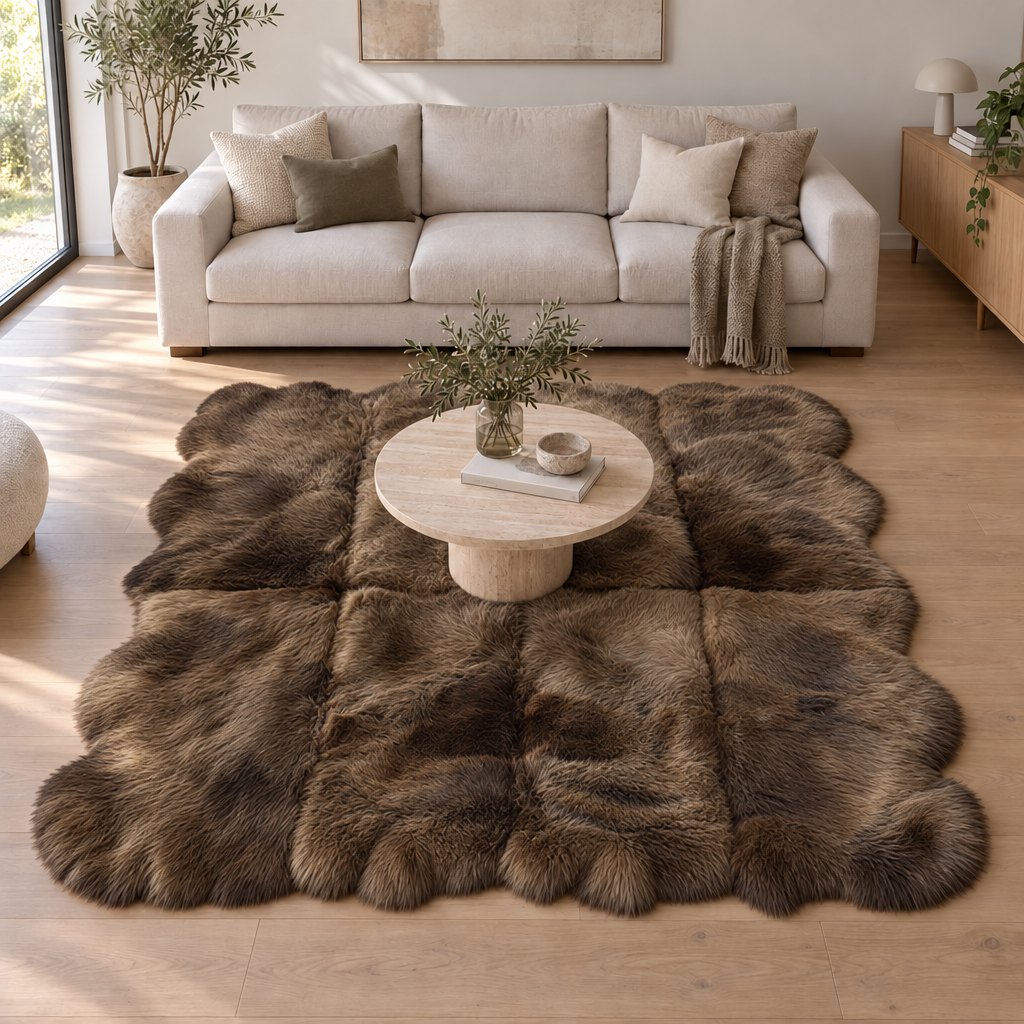 Schapenvacht vloerkleed bruin – 8 vachten, sfeerbeeld
